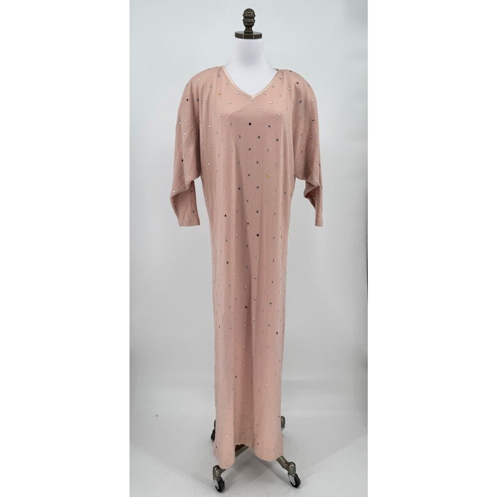 Vintage 80's Amen Wardy Pink Rhinestone 3/4 Sleeve Long Sweater Dress